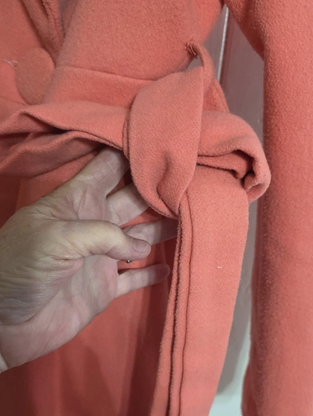 RISE Christian Rise Womens Coat Peach Belted Pockets Buttons Sz L GUC **READ**